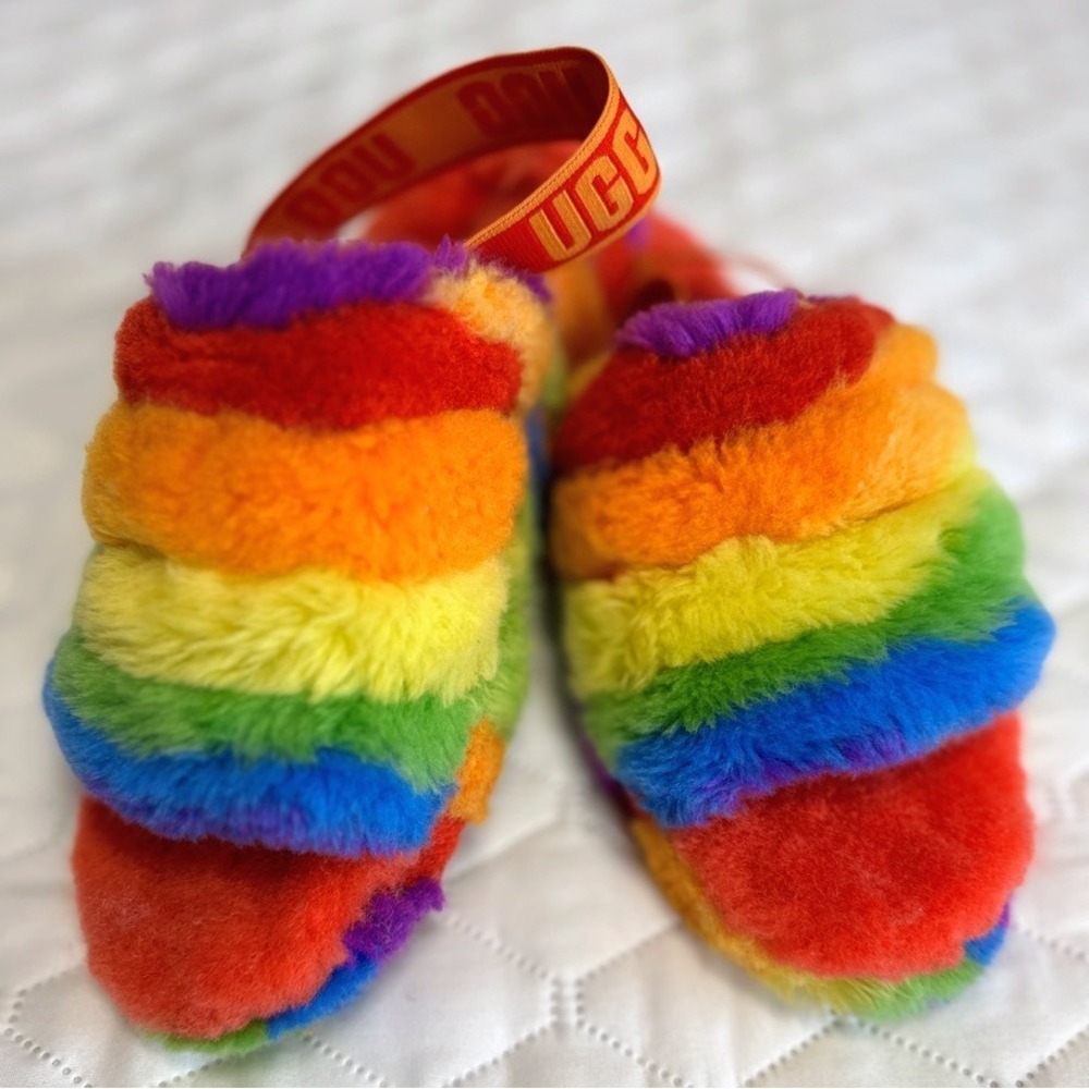 UGG Fluff Yeah Slide Womens 9 Rainbow Good Sheepskin Slingback 1120002